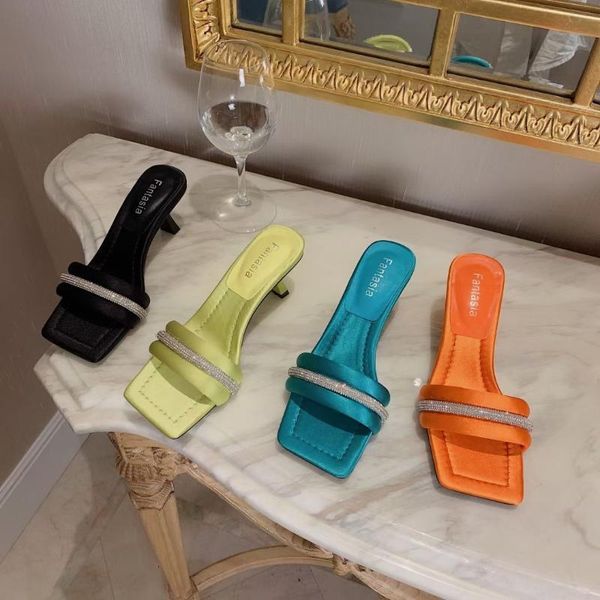 

slippers orange shoes women thin high heels slip on outdoor casual slides rhinestone fashion pumps party elegant sandal, Black