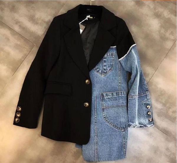 

small suit jacket autumn women's coat denim stitching single-breasted irregular blazer fashion jeans suits & blazers, White;black