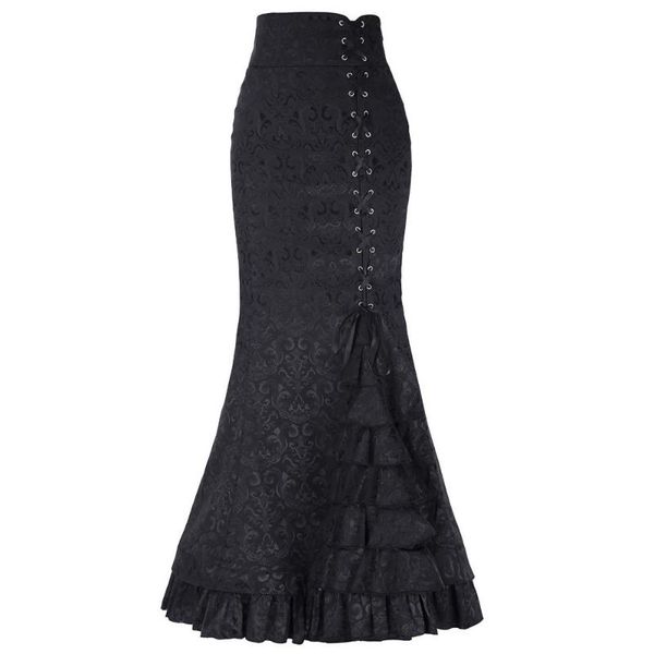 

skirts vintage victorian long skirt lace up ruffles fishtail bodycon maxi skater gothic women steampunk vestidos jurken plus size, Black