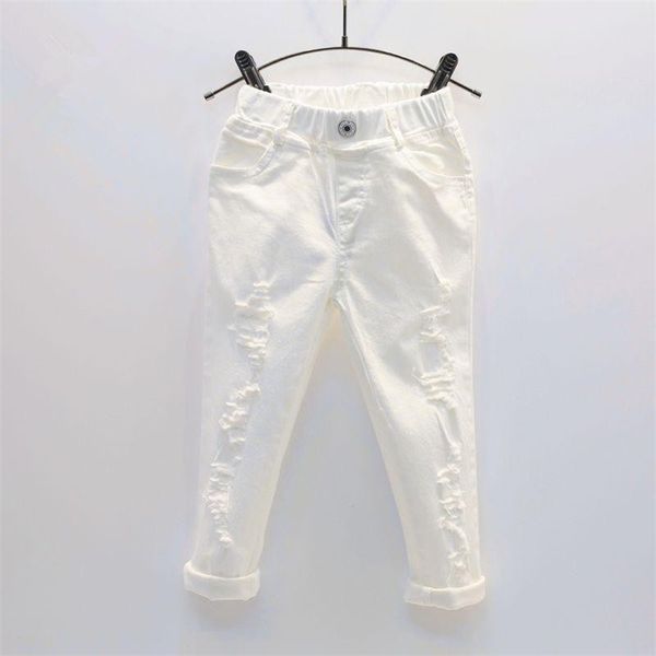 Pantaloni jeans denim bianchi per neonato Primavera Autunno Pantaloni strappati per bambini Pantaloni rotti per bambini Leggings per bambini solidi 2-7 anni 210927