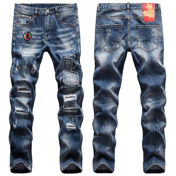 

jeans high end fashion brand wear holes disordered line patch style wash water embroidery zhang zi paste cloth men, Blue