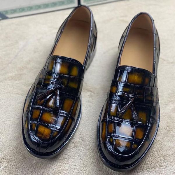 

dress shoes authentic crocodile belly skin hand painted men colorful tassel loafers genuine alligator leather male slip-on party, Black