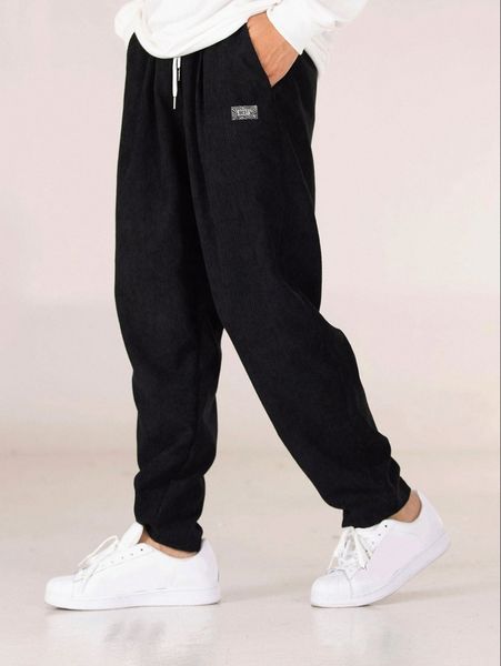 

men patch detail slant pocket corduroy pants m6i8#, Black
