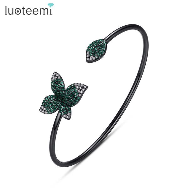 

luoteemi vintage leaf tiny cz crystal paved bangle for women glittering summer cuff bracelets & bangles fashion accessories q0717, Black