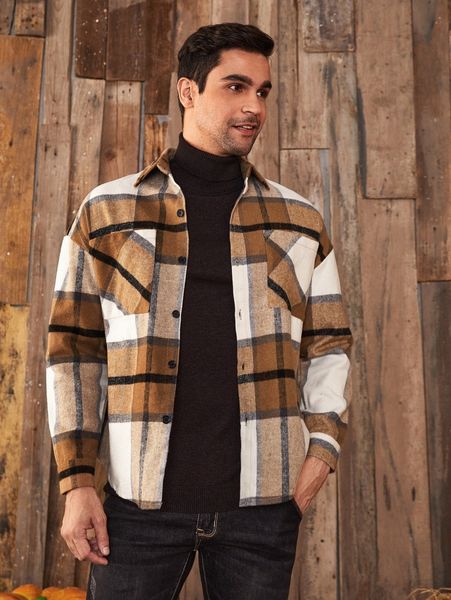 

men plaid pocket patched single breasted overcoat e4ck#, Black;brown