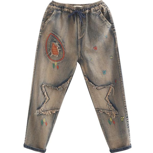 

women's jeans 2021 spring women retro fashion embroidery star patch old nine points korean denim harem, Blue
