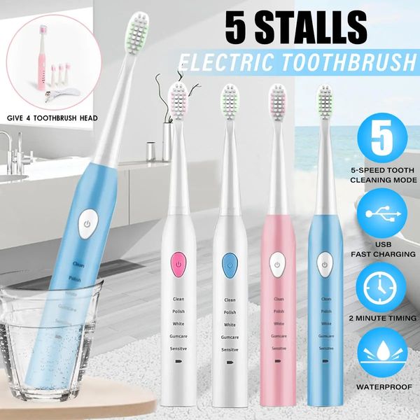 Elektrische Zahnbürste mit 5 Modi, Stummschaltung, weicher Sonic, wiederaufladbarer, wasserdichter USB-Zahnreiniger mit 4 Bürsten – weiß, rosa