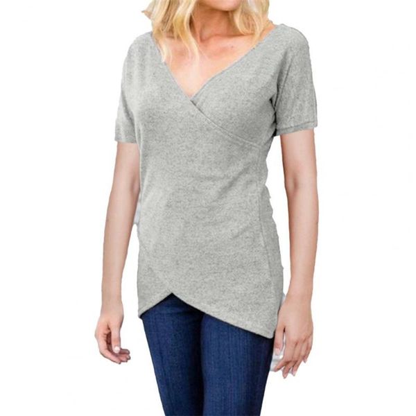 

women's t-shirt women asymmetric v-neck short sleeves solid color polyester not see through summer for female 2021 fashion, White