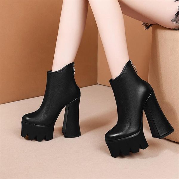 

boots pxelena 2021 autumn brand genuine leather women block chunky super high heels platform shoes punk rock gothic 391, Black