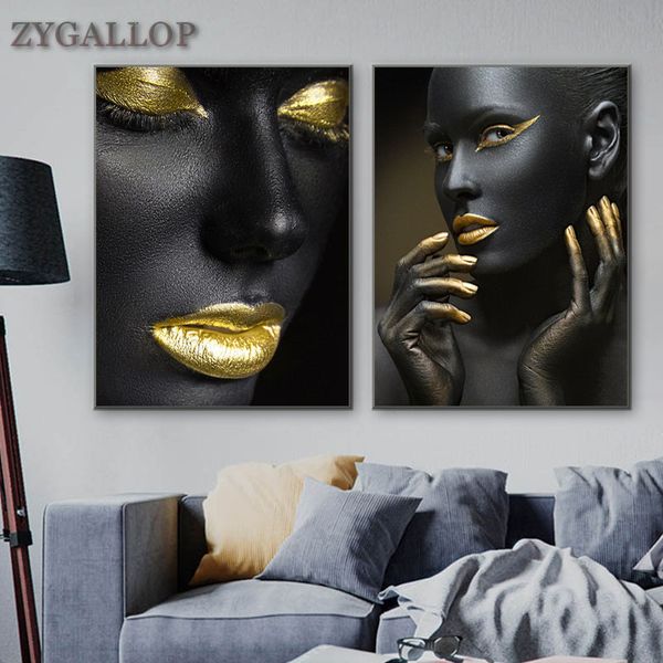 Oro nero Donna africana Pittura su tela Donne nude Poster e stampe d'arte Immagini moderne di arte della parete per la decorazione della casa del soggiorno