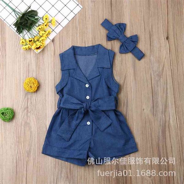 

arrivals summer baby girl clothes sleeveless bow turn-down collar romper jumpsuit headband 2pcs outfis set 1-6t 210629, White