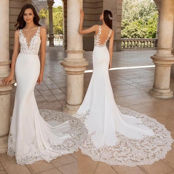 

other wedding dresses v-neck mermaid dresse with long train 2021 lace appliques satin elegant bride gown for women sleeveless backless, White