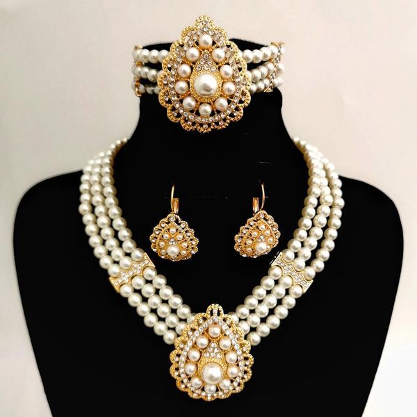 

chokers fashion pearl jewelry set, lady necklace romantic elegant necklace, banquet wedding three sets of accessories, Golden;silver