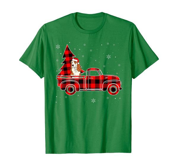 

red truck riding cocker spaniel dog buffalo plaid lover xmas t-shirt, White;black