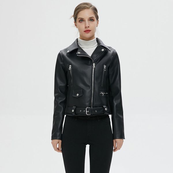 

fmfsoom autumn winter women black faux leather jackets zipper basic coat turn-down collar motor biker jacket with belt coats 210513