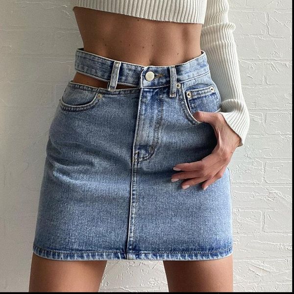 

hollow washed denim high waist womens skirt asymmetric button short fashionable streetwear summer skirts, Black