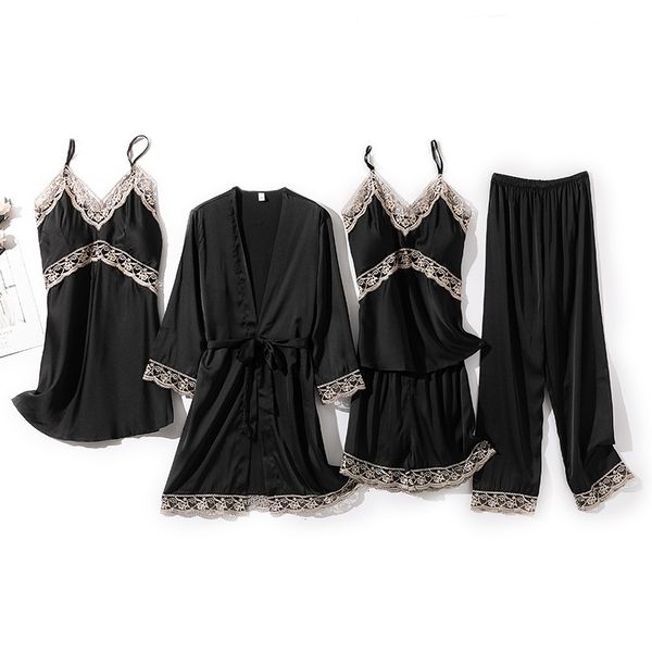 

women's sleepwear female 5pcs pajamas set women lace kimono robe gown silky satin nightwear pyjamas suit summer casual sleep, Black;red