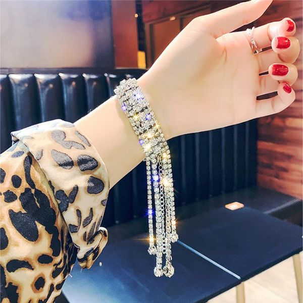 

link, chain elegant full rhinestone long tassel bracelets hand jewelry for women luxury crystal wedding bracelet bangles accessories, Black
