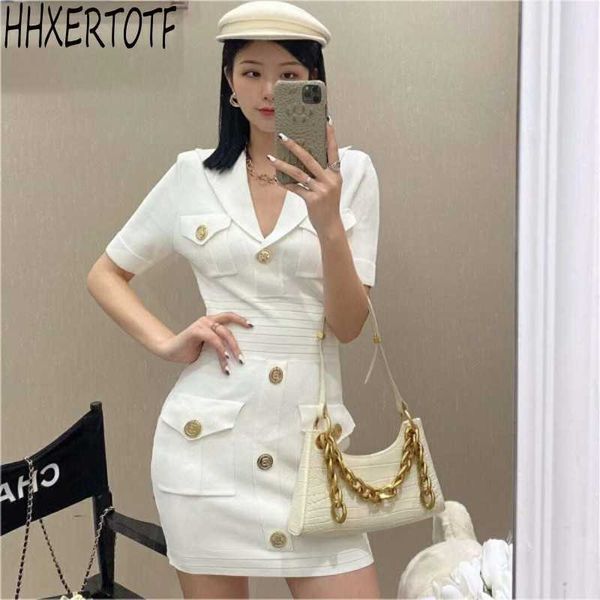 Verão Feminino Elegante Coreano Coreano V Neck Design Hollow cintura fina de gelo de seda de malha malha vestido de quadril 210531