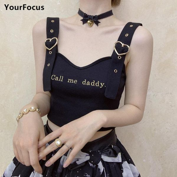 

women's tanks & camis y2k clothes harajuku kawaii heart button baby daddy embroidery crop black short cropped camisloe tees female, White