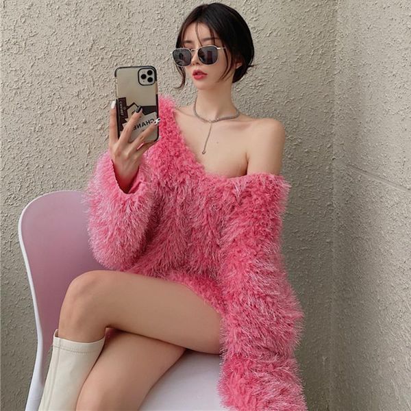 

women's fur & faux pullover women fashion weave v-neck loose sweet backless lace up ins little dress 2021 winter fall ladies, Black