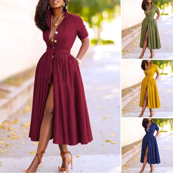

casual dresses plus size autumn long sleeve elegant dress women's vestidos robe celmia 2021 fashion lapel buttons female solid, Black;gray