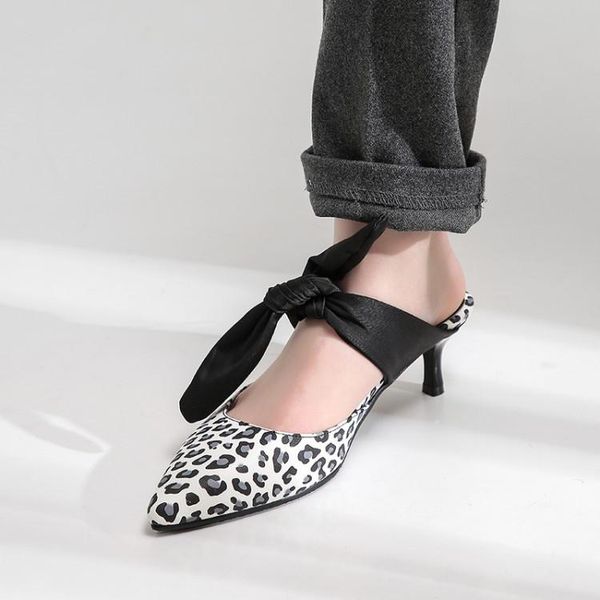 

chic thin med heel mules shoes women leopard snake print bowknot fashion slides ladies outdoor summer slippers plus size, Black