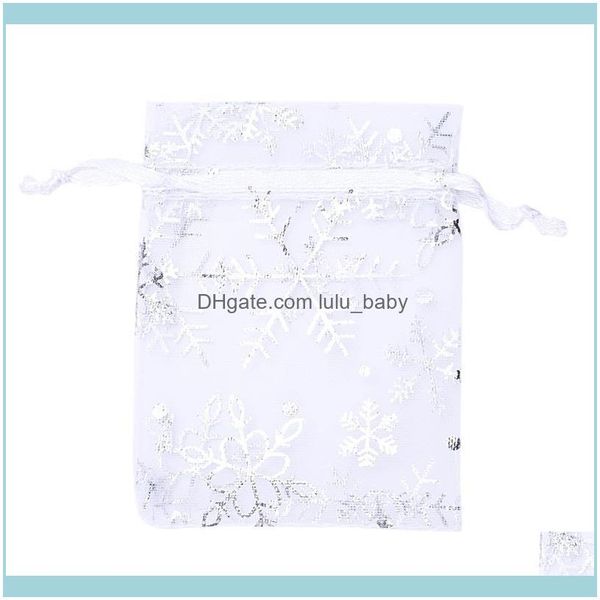 Schmuckverpackung Display Schmuckschmuck Beutel Beutel 100 Stück Organza Hochzeitsgeschenk Dstring Beutel Silber weiße Schneeflocken bedrucktes transparentes Teil