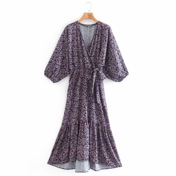 

women vintage wrap v-neck dress summer side bow tie 3/4 sleeve mid-calf es female elegant street clothes vestido 210513, Black;gray