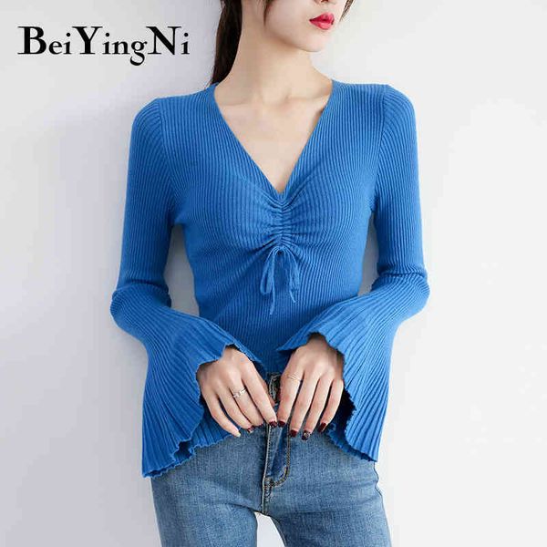 

v-neck sweater female flare sleeve skinny drawstring autumn winter fashion casual knitwear jumper women pullovers 210427, White;black