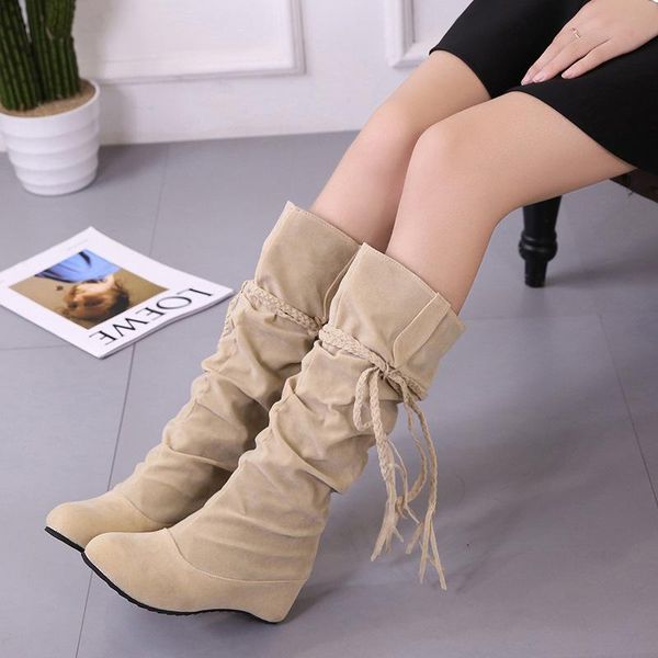 

women's high-increasing shoes, large size long boots, autumn shoes and winter fur high-heeled snow boots, Black