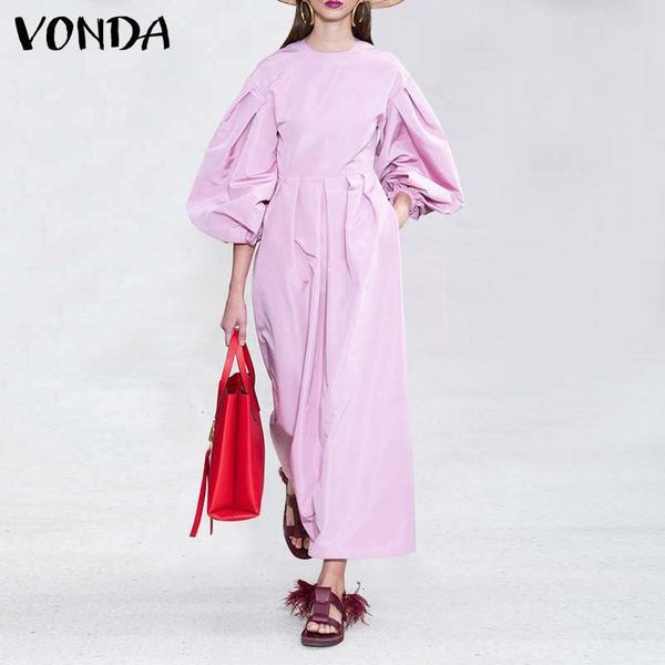 

dresses elegant maxi women vintage solid dress 2021 vonda casual lantern sleeve vestidos beach holiday sundress plus size, Black;gray
