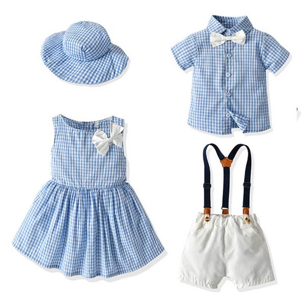 

kids clothing sets boys suits girls dresses summer short sleeve plaid shirt shorts pants 2pcs girl baby dress hats wear b6907, White
