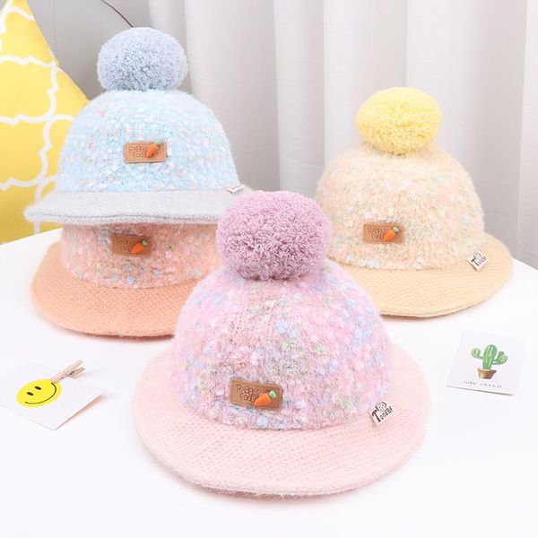 

caps & hats korean baby hat autumn and winter labeling children's fisherman wool ball thickened warm basin, Yellow