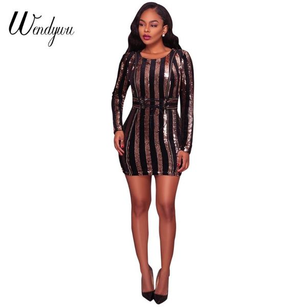 

casual dresses wendywu fashion long sleeve waist lace up gold striped sequined club bodycon mini dress, Black;gray