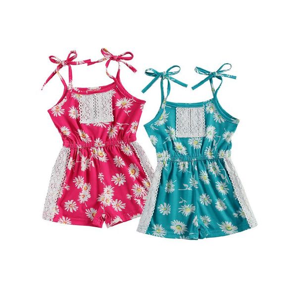 

jumpsuits focusnorm 1-6y summer cute kids girls rompers lace sunflowers print sleeveless belt 2 colors, Blue