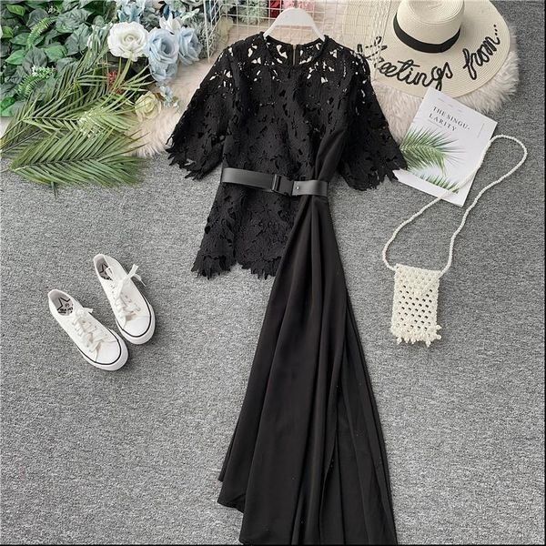 

[ewq] women dresses summer round neck lace short sleeve hollow stitching chiffon irregular ladies casual holiday dress qv1509, Black;gray