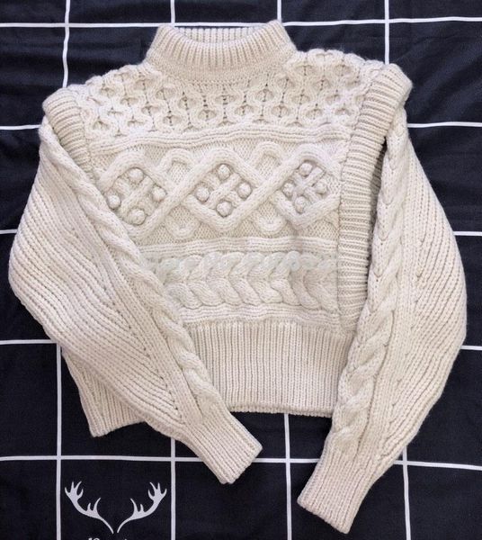 

women's sweaters [elfstyle] - thick milane jumper chunky knit ribbed trim cable funnel neck fashion 2 in1 cropped top, White;black