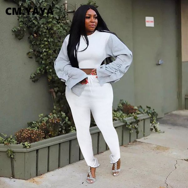 

streetwear patchwork sweatsuit womens set staed sleeve crop pants set activetrasuit two piece outfit setby air, White