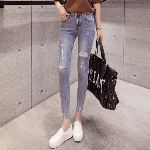 

women's jeans light blue points hole bottom tassel tall play female pencil