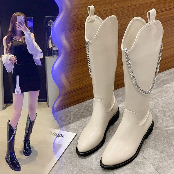 

boots fashion autum women knee high mid-calf heels cowboy pointed toe shoes female winter zipper plus size, Black