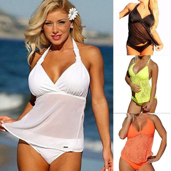 

one-piece suits 2 piece suit swimwear transparent swimsuit women lace mesh bikini female bathing halter plus size 2021