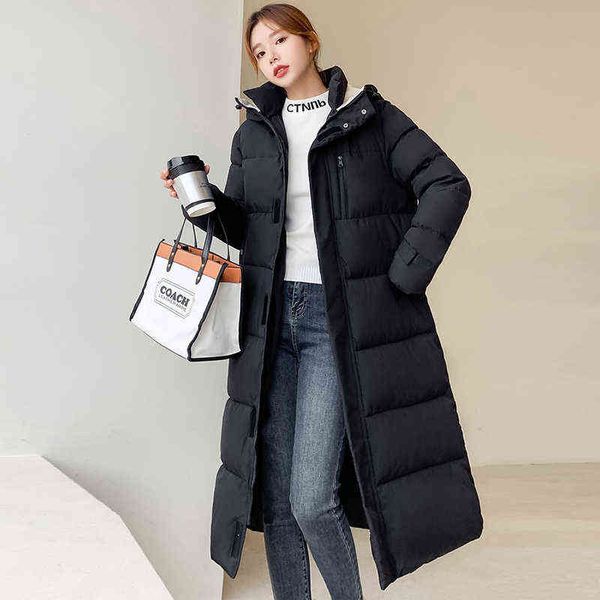 

x-long winter jacket women's thick casual hooded cotton padded parka for female solid warm long quilted coat outwear 211130, Black