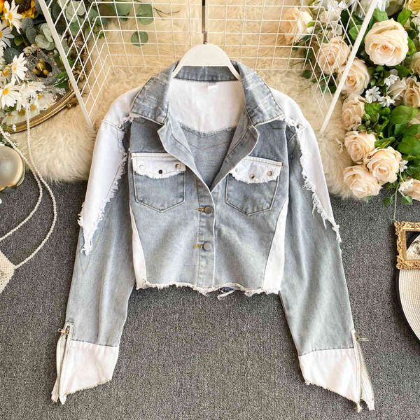 

chic vintage tassel button zipper pocket patchwork denim long sleeve jeans jacket women ladies female outerwear 210513, Black;brown