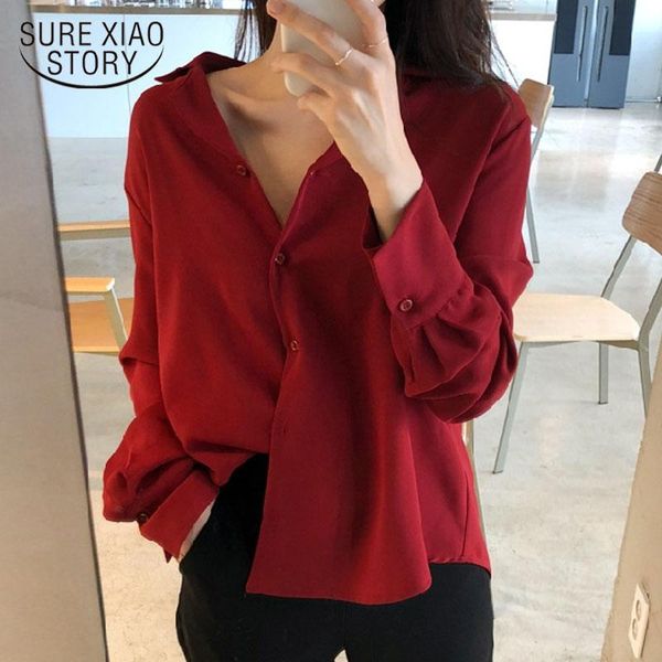 

women's blouses & shirts 2021 spring korean notched collar cardigan blouse loose long sleeve solid chiffon shirt plus size women clothi, White