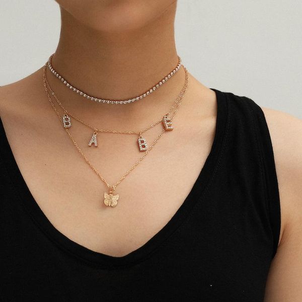 

chains minimalist babe shiny rhinestone pendant gold color letter necklace women alphabet charms chain choker jewelry necklaces gifts, Silver