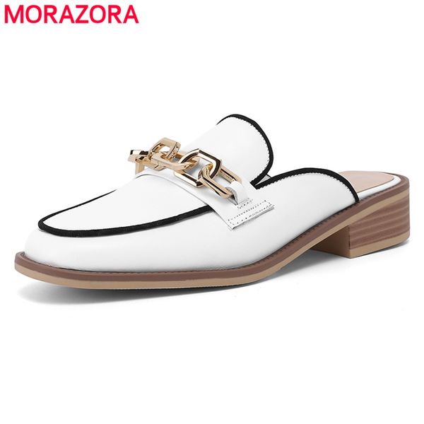 

morazora women mules genuine leather shoes woman square low heel ladies casual dress fashion summer 210506, Black