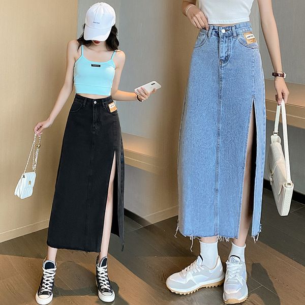 

high summer waist split denim skirt women's mid length, Black