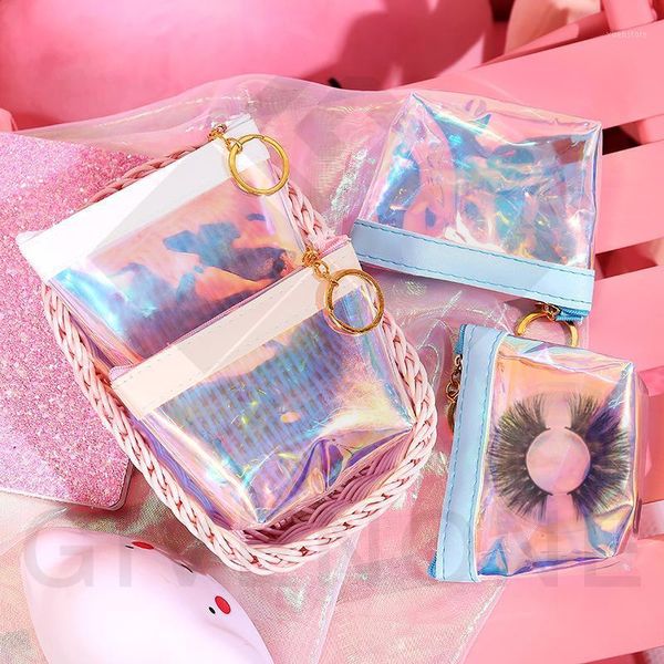 

wholesale fashion eyelash packaging pu laser soft bag with tray holographic transparent jelly coin purse zipper bag1