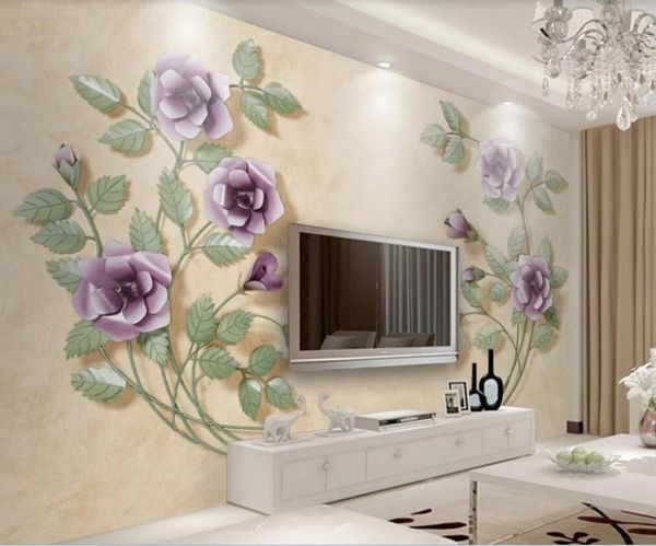 

customized large mural wallpaper 3d three-dimensional purple rose flower tv background wall covering wallpapers